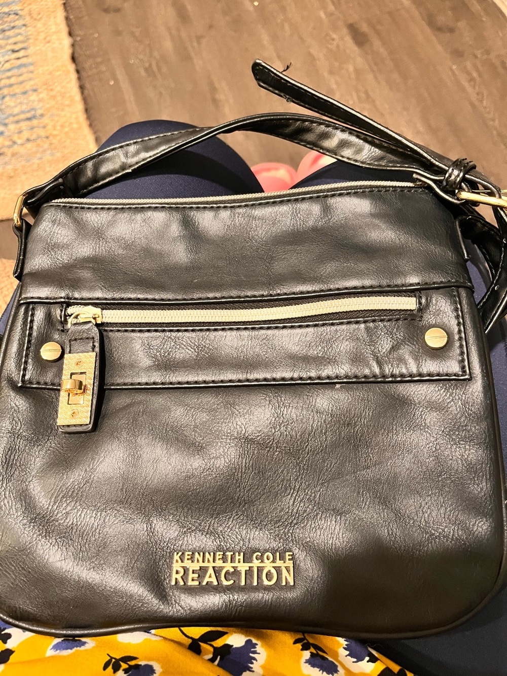 Kenneth Cole Reaction Black Leather Messenger Bag with Gold Hardware
